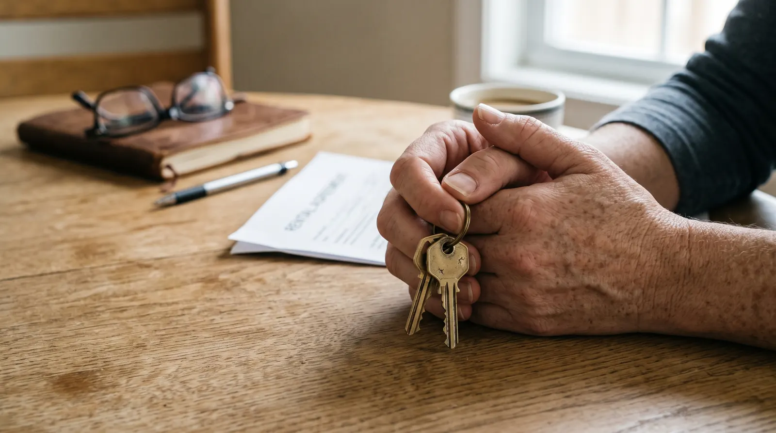Manos sosteniendo las llaves de una vivienda junto a documentos