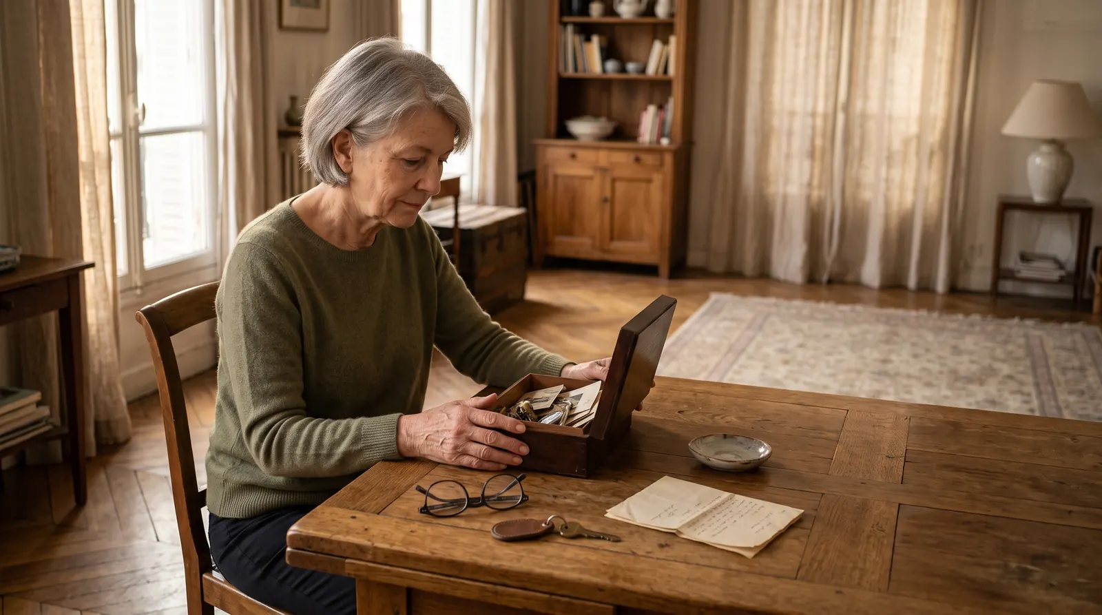 Mujer revisando fotografías y recuerdos en el interior de una vivienda
